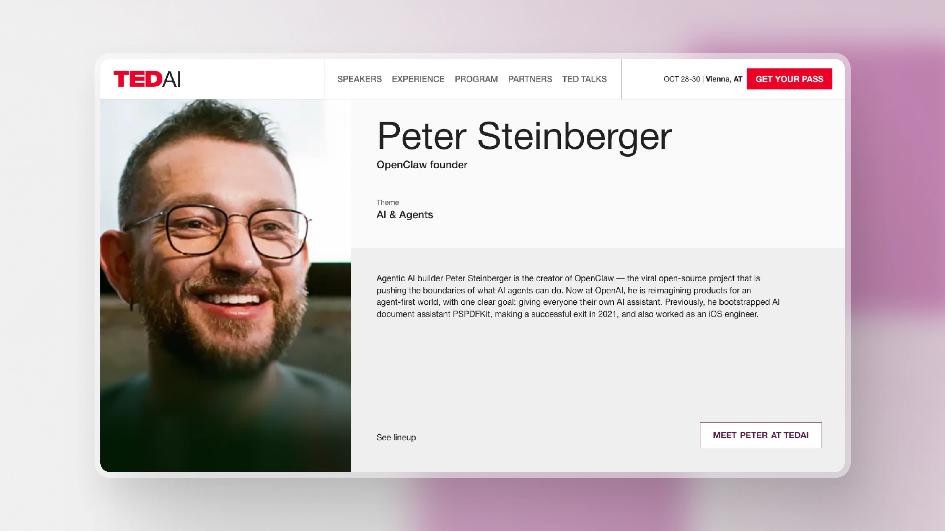 the same speaker page on desktop with portrait, role, topic and bio