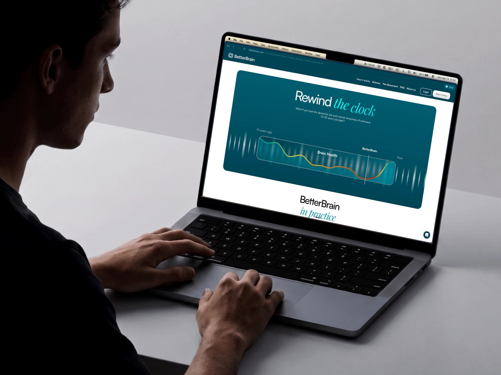 BetterBrain website on a laptop, open on the 'Rewind the clock' brain-health section