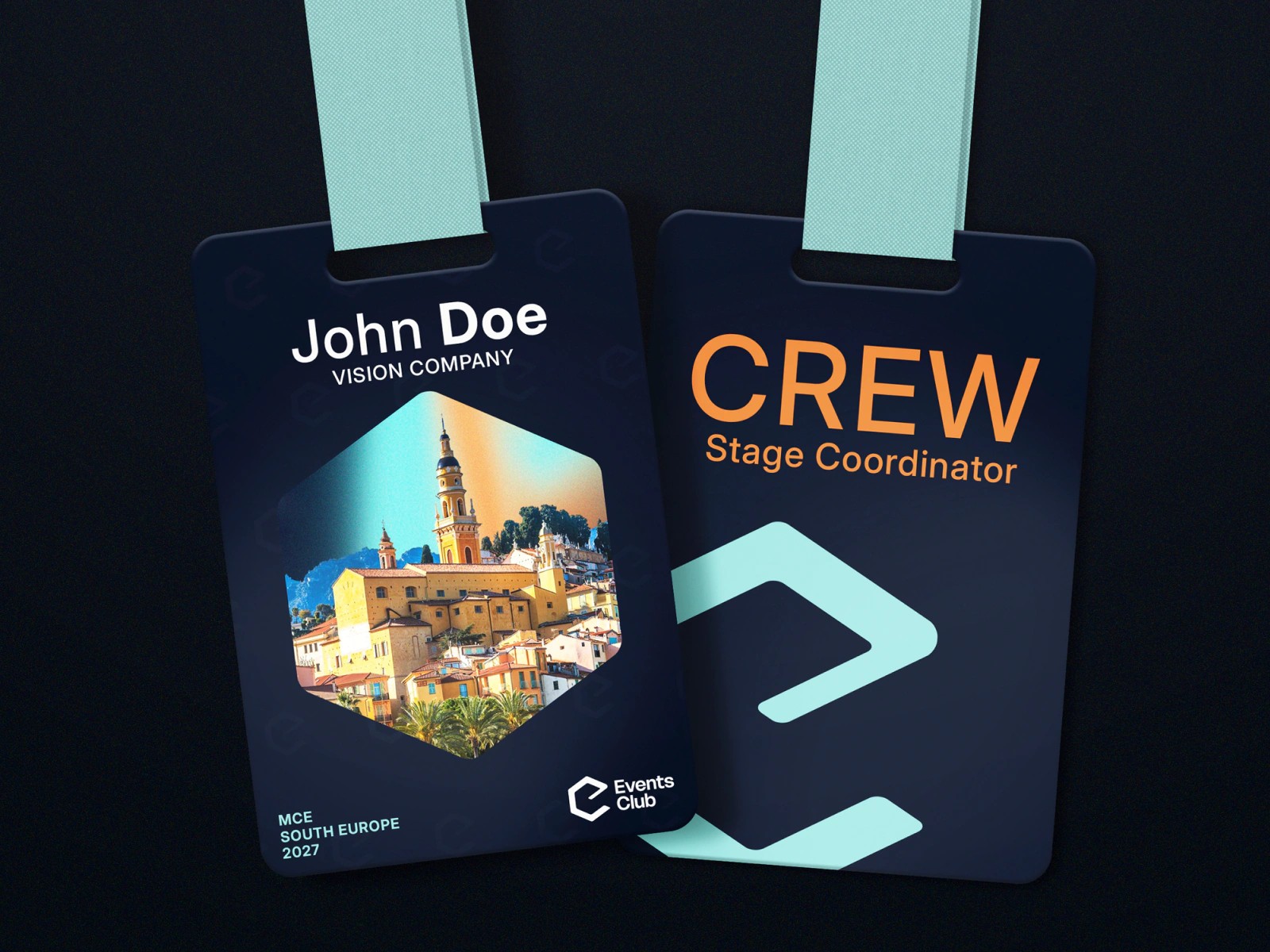 event badges for a guest and a stage coordinator