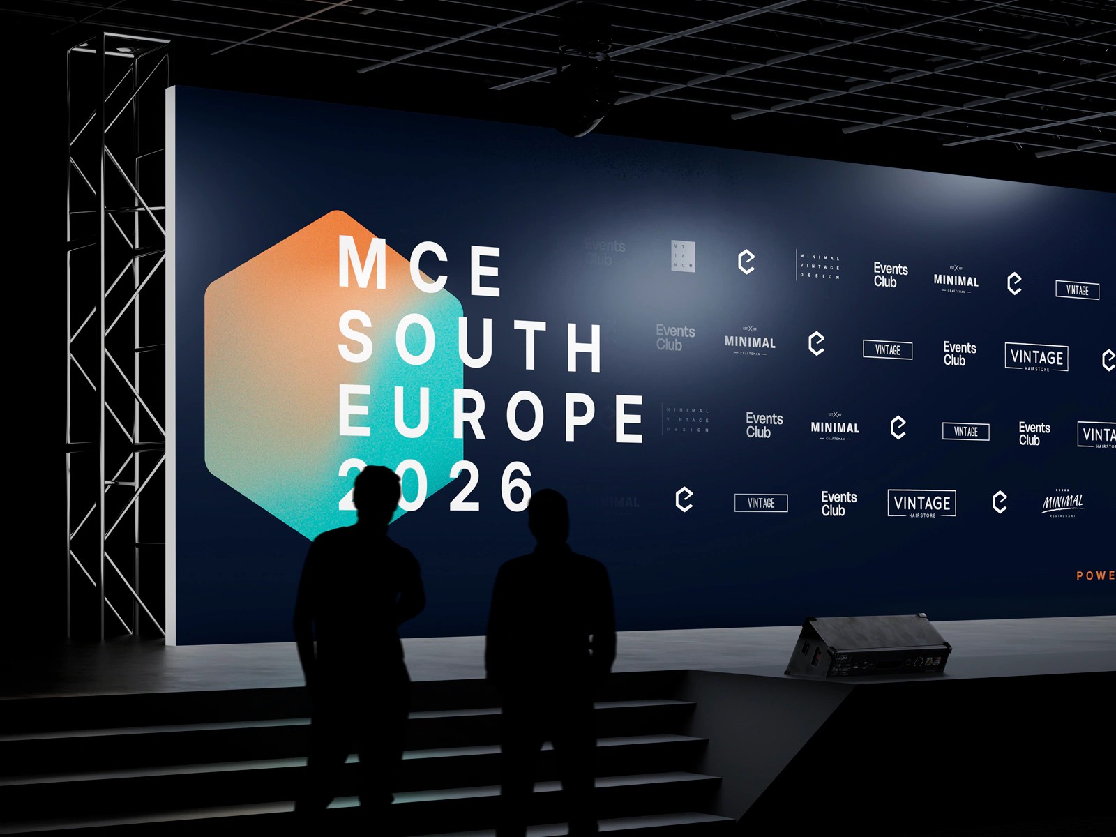 Events Club stage backdrop for MCE South Europe 2026 with the hexagon city frame and partner logos