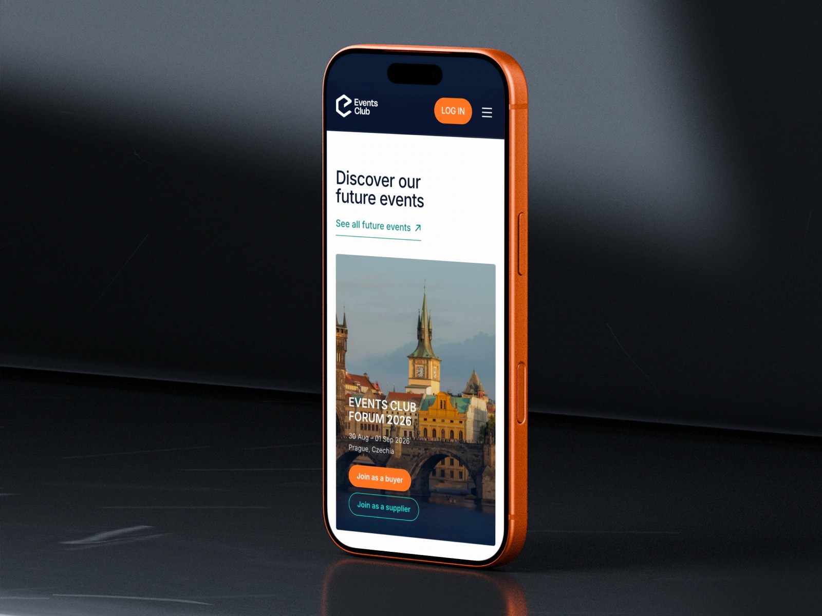 Events Club website on a phone: 'Discover our future events'
