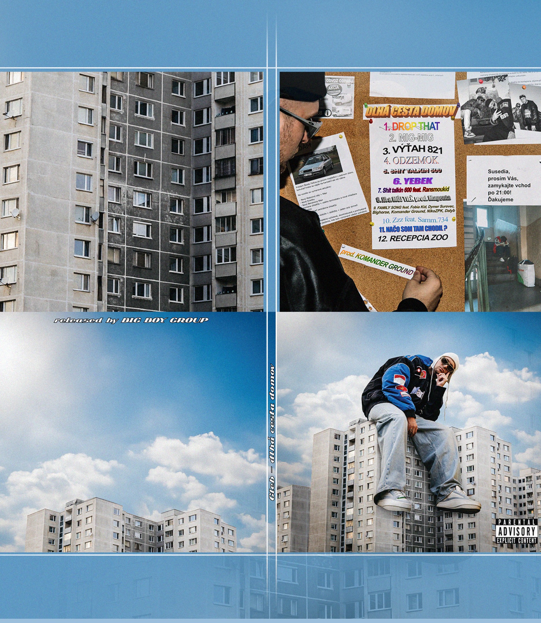 an artwork layout combining the rooftop shot with tower blocks and a noticeboard