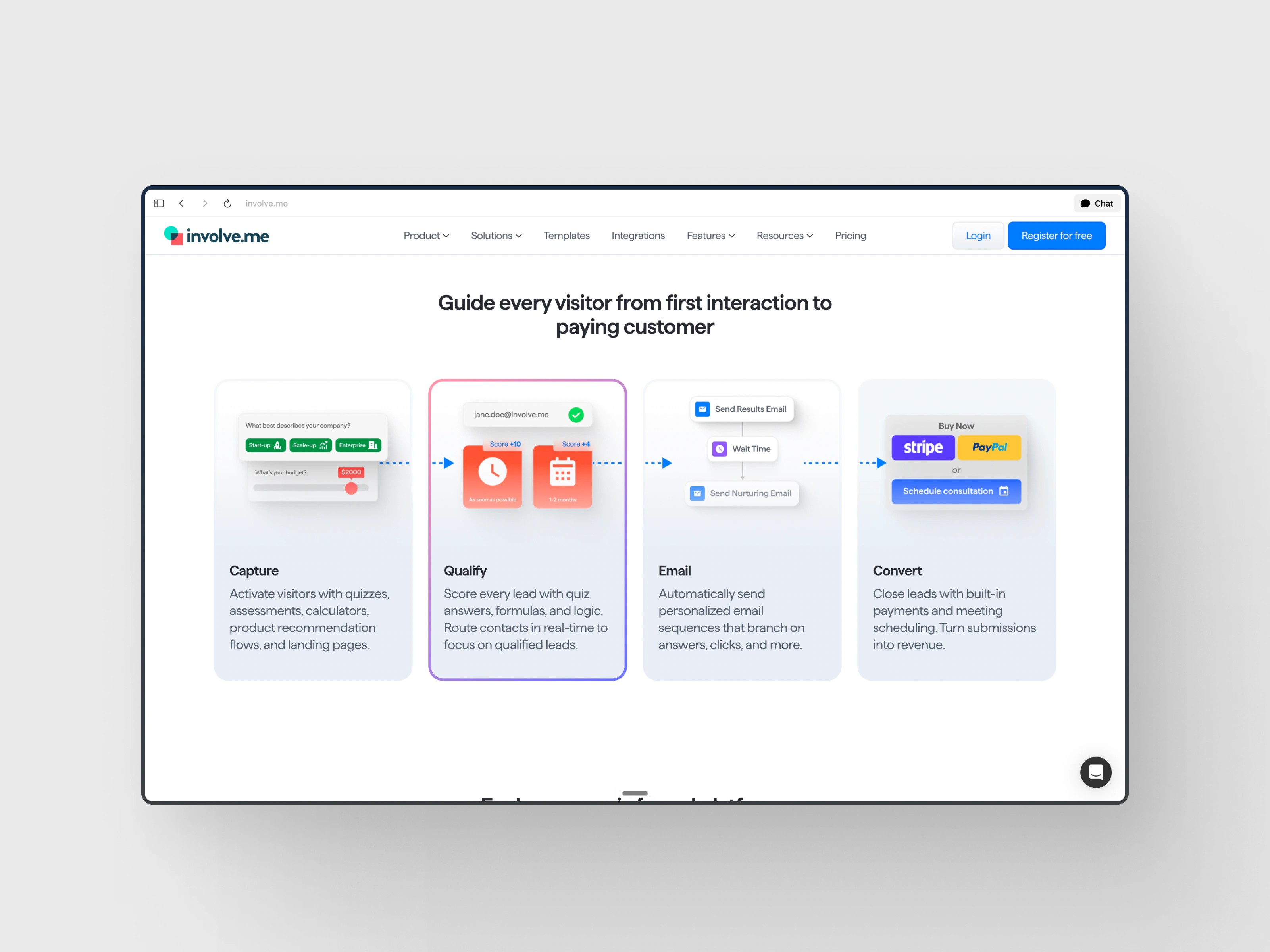 involve.me homepage section 'Guide every visitor from first interaction to paying customer' with four steps: Capture, Qualify, Email, Convert