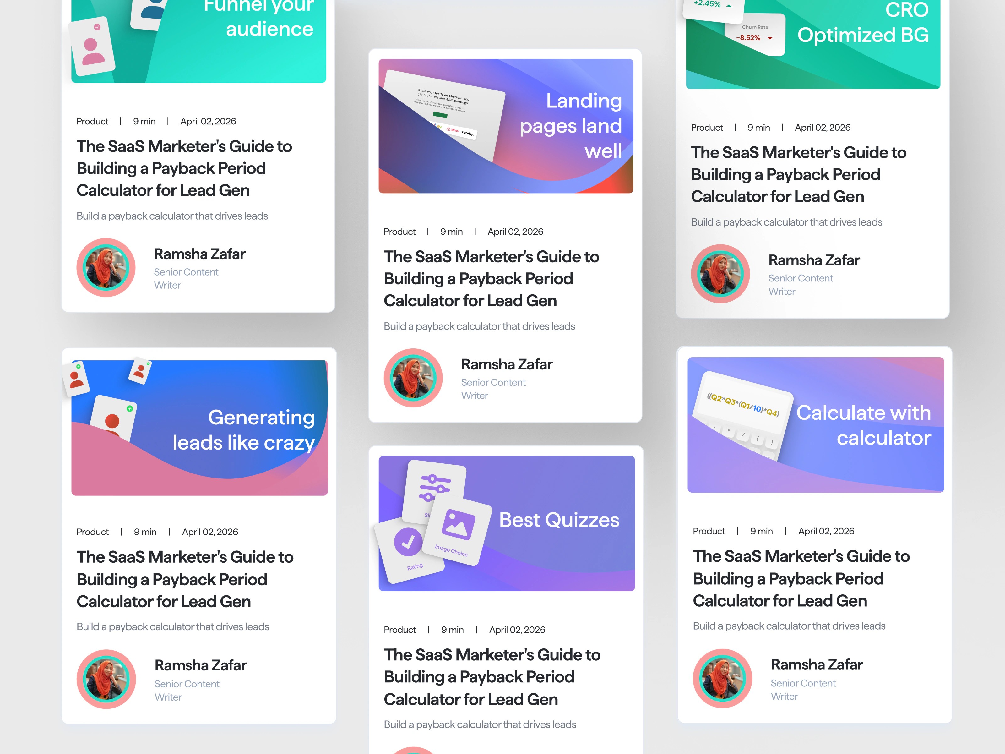 involve.me blog cards with matching cover illustrations for quizzes, calculators and landing pages