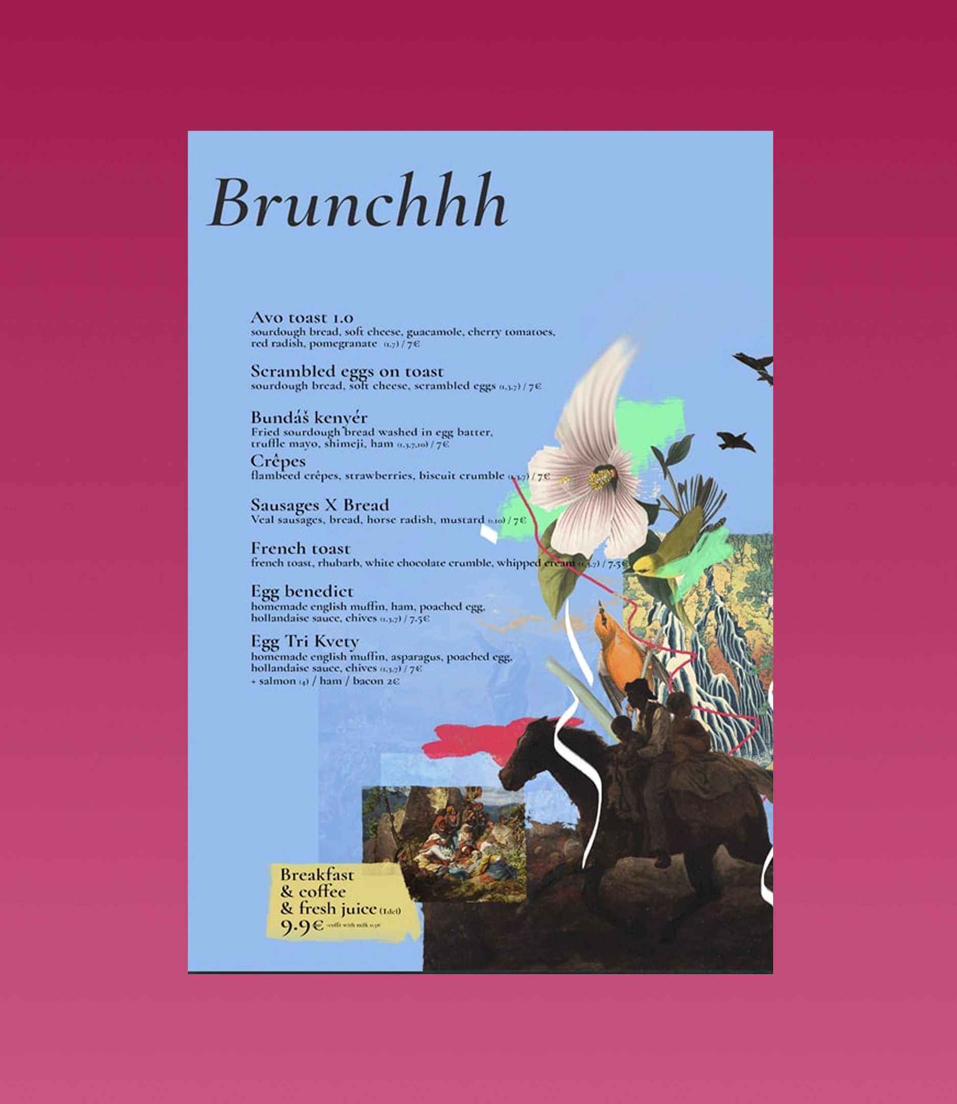 brunch menu on blue with a flower collage