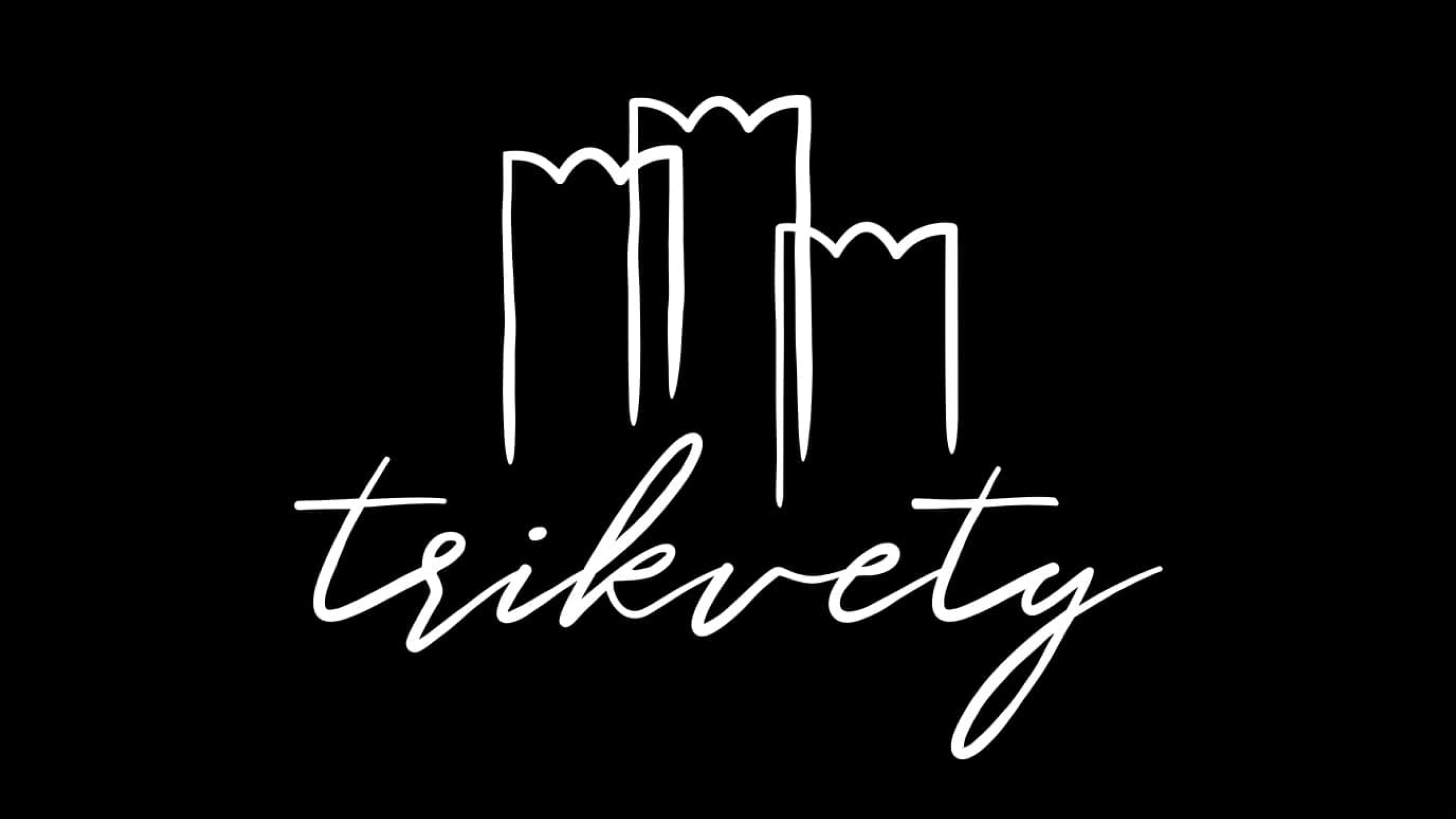 Tri Kvety logotype: three hand-drawn flowers above the handwritten name, white on black