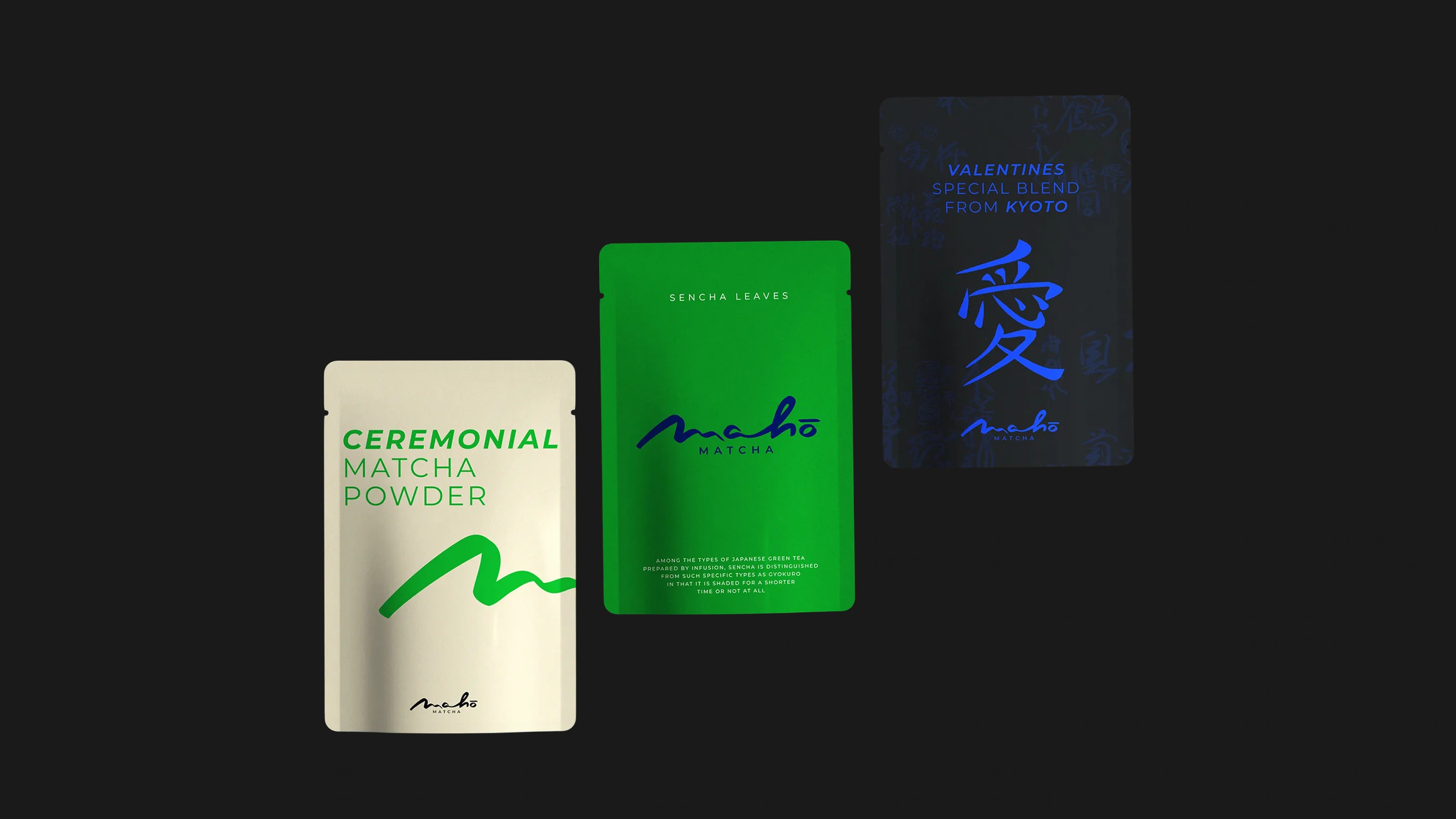 maho matcha ceremonial pack: a green box with the hand-written blue wordmark