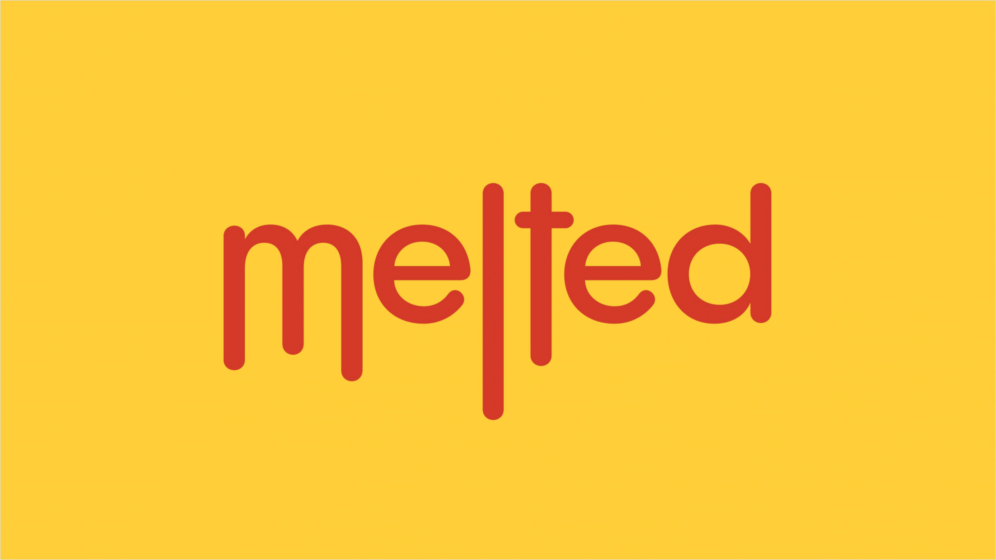 Melted wordmark in red on yellow, the tall letter strokes running down like something melting