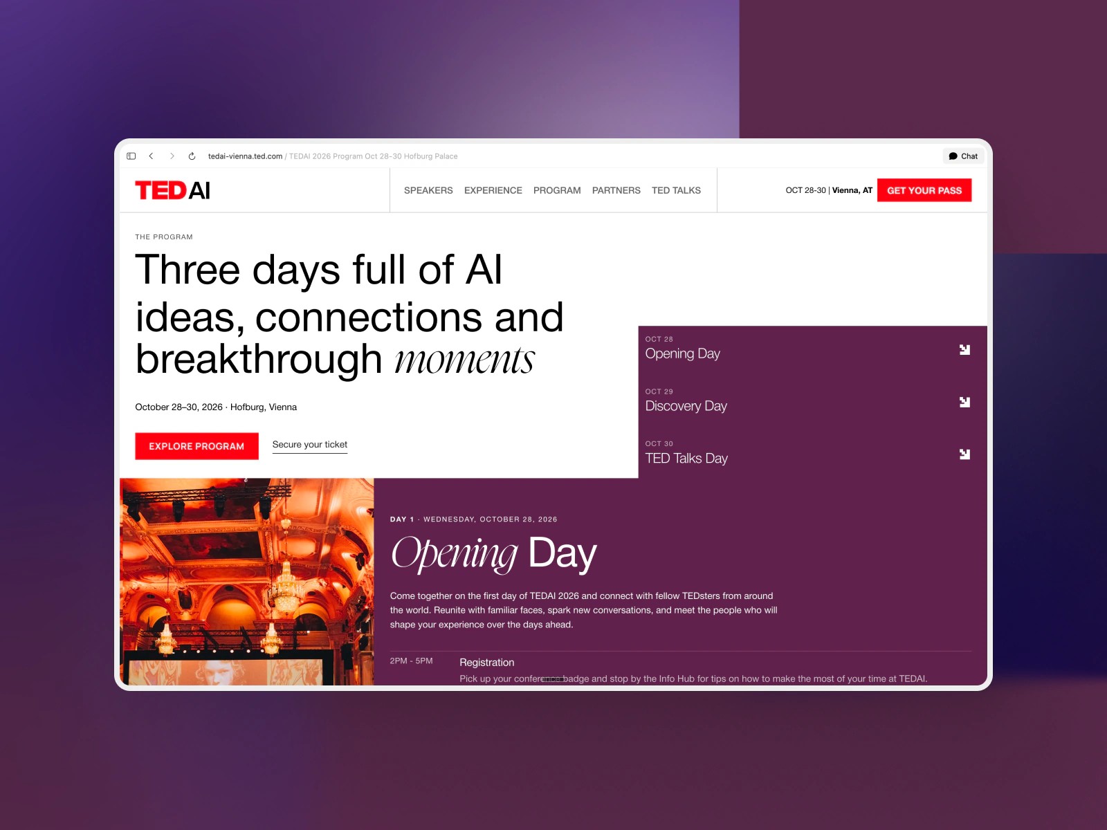 TEDAI Vienna program page: 'Three days full of AI ideas, connections and breakthrough moments' with a tab for each day